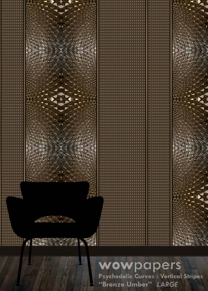 large striped brown umber wallpaper with black chair in foreground to show the scale of the wallpaper