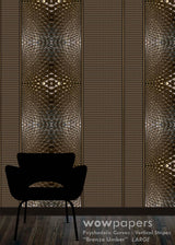 large striped brown umber wallpaper with black chair in foreground to show the scale of the wallpaper