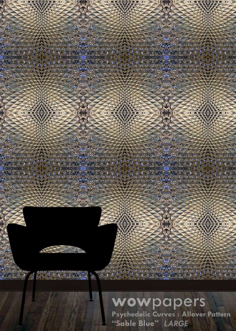 soft blue & light taupe colored geometric wallpaper with black chair silhouette showing scale