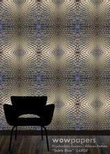 soft blue & light taupe colored geometric wallpaper with black chair silhouette showing scale