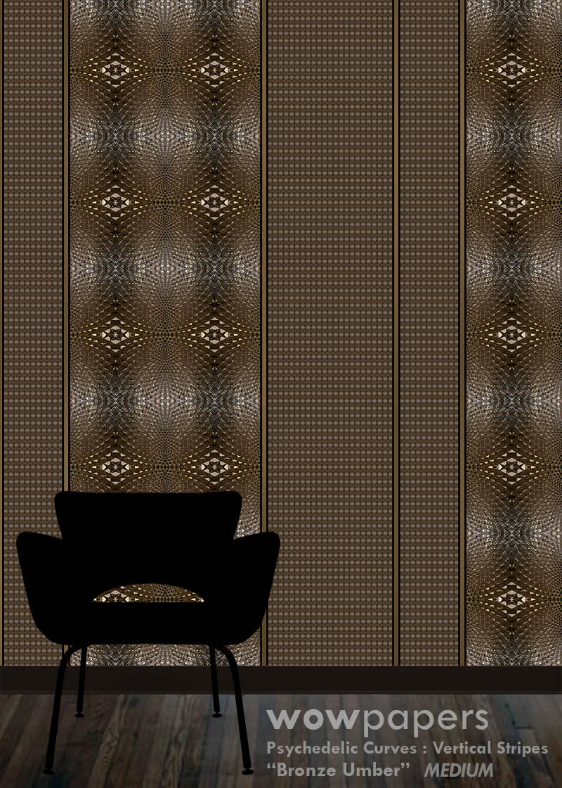 warm brown geometric striped wallpaper pattern with a black chair for scale
