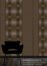 warm brown geometric striped wallpaper pattern with a black chair for scale