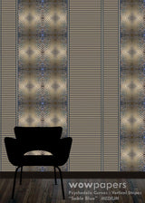 A wallpaper sample design shown in a room mockup, featuring vertical stripes with psychedelic circular patterns in beige, brown, and blue-gray tones. A black chair silhouette is placed in front of the wallpaper, and the brand name 'wowpapers' is visible at the bottom.