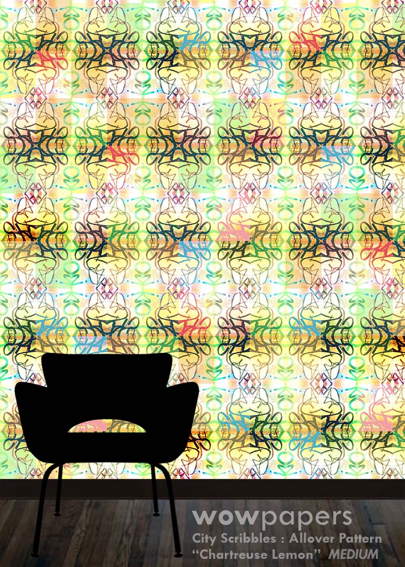 A repeating multicolor patterned wallpaper or wall covering shown in a room mockup, with a black chair silhouette at the bottom against a light cream background and dark floor. Text at the bottom reads 'wowpapers City Scribbles : Allover Pattern Chartreuse Lemon MEDIUM'.