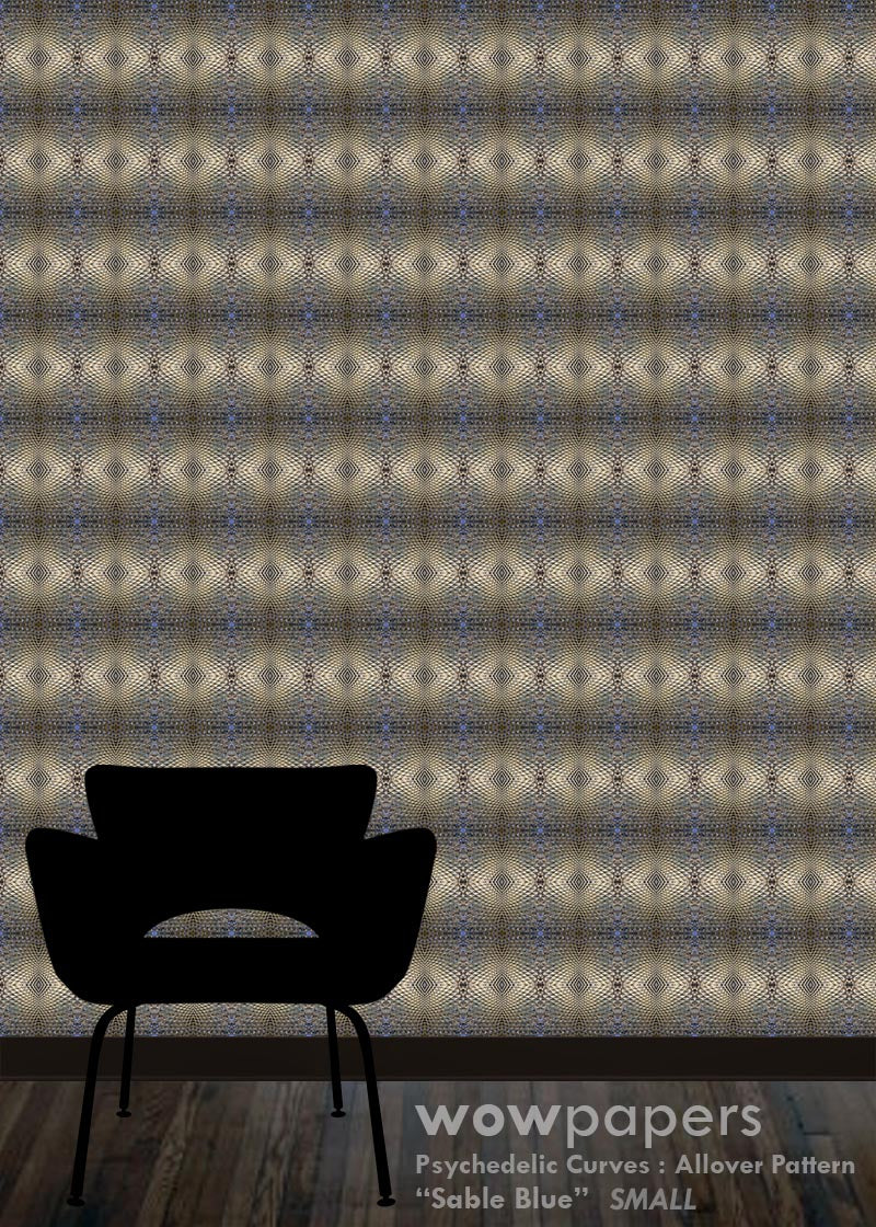 abstract geometric blue and sable colored wallpaper pattern with a chair shown for scale reference