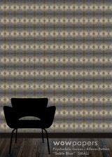 abstract geometric blue and sable colored wallpaper pattern with a chair shown for scale reference