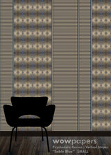 A wallpaper design shown in a room mockup, featuring vertical stripes with psychedelic circular patterns in beige, brown, and blue-gray tones. A black chair silhouette is placed in front of the wallpaper, and the brand name 'wowpapers' is visible at the bottom.