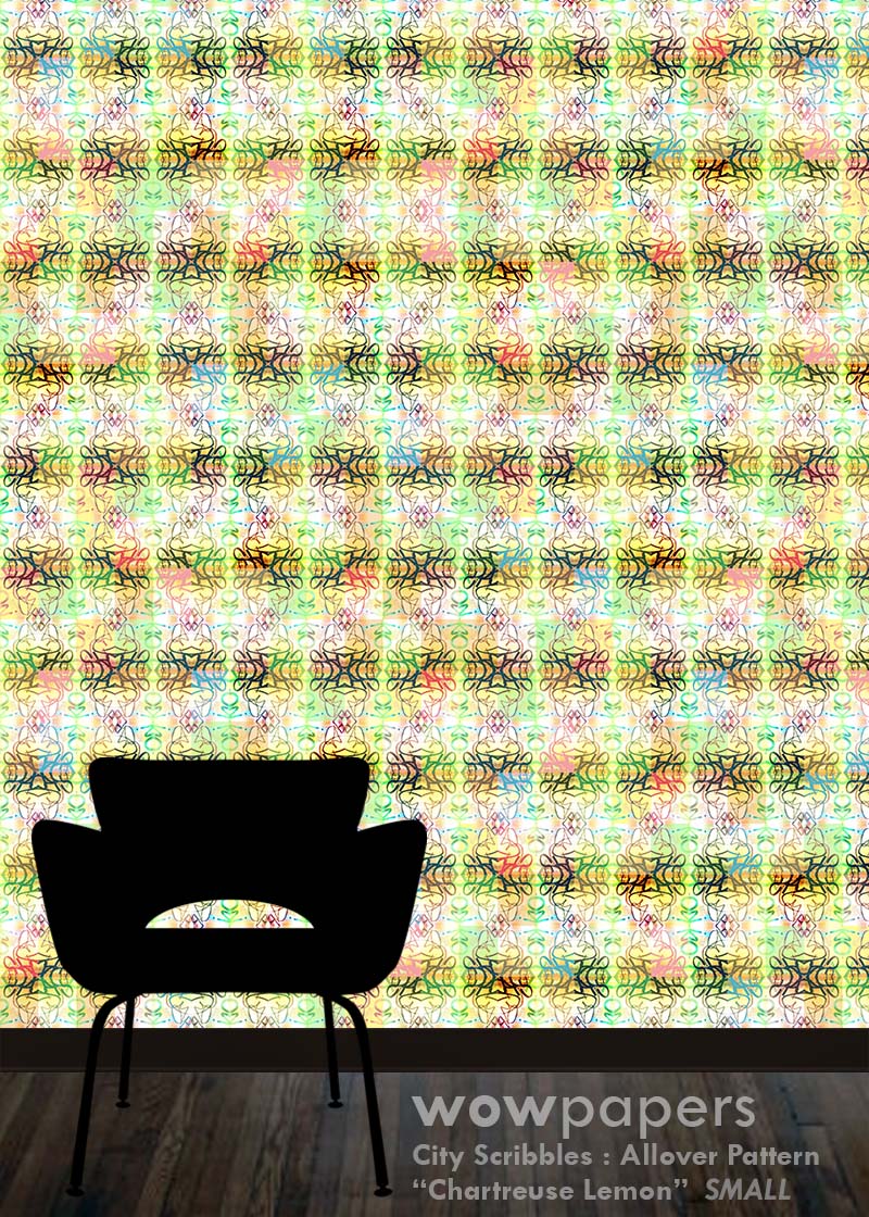 A repeating multicolor patterned wallpaper or fabric sample shown against a wall, with a black chair silhouette at the bottom left and a dark floor strip at the bottom. Text at the bottom reads 'wowpapers City Scribbles : Allover Pattern "Chartreuse Lemon" SMALL'.