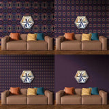 A collage showing four variations of a living room scene featuring brown leather sofas with orange, yellow, and teal pillows, set against patterned dark purple and navy wallpaper, with a hexagonal wall art piece above the sofa.