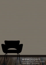textured solid wallcovering material with a chair in foreground and text saying WOWpapers with notes with the title of the design Sable Blue 