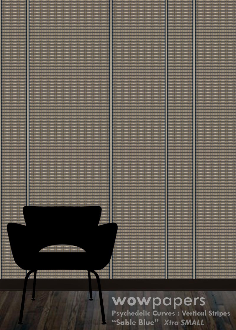 A wallpaper design shown in a room mockup, featuring vertical stripes with psychedelic circular patterns in beige, brown, and blue-gray tones. A black chair silhouette is placed in front of the wallpaper, and the brand name 'wowpapers' is visible at the bottom.