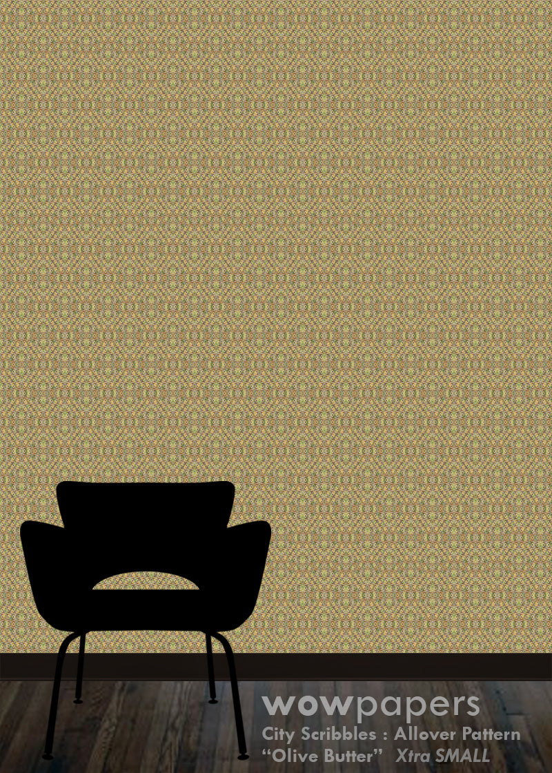 Olive Butter City Scribbles allover pattern wallpaper shown on a wall above a black chair silhouette and dark wood floor, with a Wowpapers watermark at the bottom.