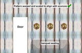 Patterned wallpaper with gold fixtures labeled 'Door' and 'banquet seating', indicating alignment with sconces.