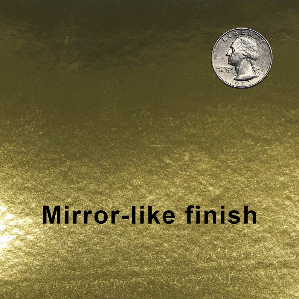 Gold sheet with a coin for scale, labeled 'Mirror-like finish'.