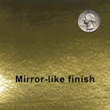 Gold sheet with a coin for scale, labeled 'Mirror-like finish'.