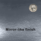 Metallic surface with a coin for scale, labeled 'Mirror-like finish'.
