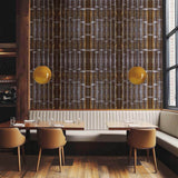 Modern restaurant interior with wooden tables, chairs, and a textured wallcovering mural