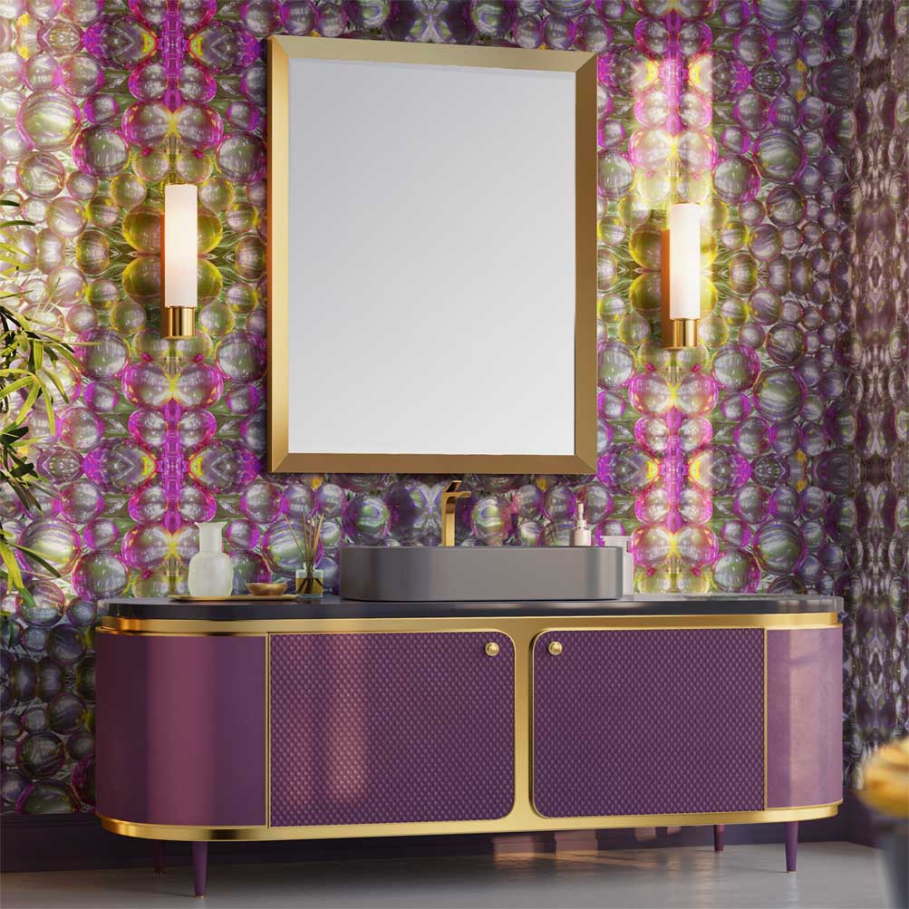 Purple and gold vanity with mirror against a large patterned pink and green wallpaper