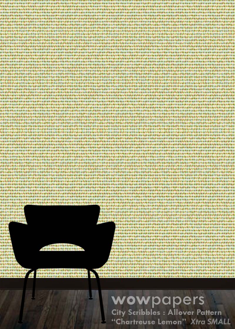 A textured wallpaper sample with a repeating micro-pattern in pale yellow, beige, and muted green, shown on a wall behind a black chair silhouette. Text at the bottom reads 'wowpapers City Scribbles : Allover Pattern "Chartreuse Lemon" Xtra SMALL'.